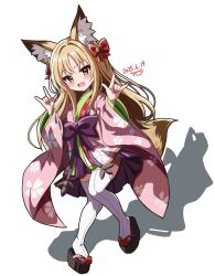 1girl absurdres animal_ears artist_name blonde_hair brown_eyes dated emil_chronicle_online fox_ears fox_girl fox_shadow_puppet fox_tail geta hair_ribbon highres japanese_clothes kimono loki_alma open_mouth purple_ribbon red_ribbon ribbon tail thighhighs white_thighhighs yanapy
