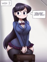 1girl ass_expansion bag black_eyes black_hair black_thighhighs blush breasts constricted_pupils cowboy_shot curvy full-face_blush grey_background highres jacket komi-san_wa_komyushou_desu komi_shouko large_breasts long_hair long_sleeves looking_to_the_side metachoke miniskirt no_mouth panties pleated_skirt school_bag school_uniform simple_background skirt solo standing sweat text_focus thick_thighs thighhighs thighs underwear white_panties wide_hips