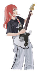 1girl adapted_costume black_shirt bocchi_the_rock! cable cropped_legs electric_guitar fender_telecaster floral_print from_side green_eyes grey_pants guitar guitar_strap hand_up highres instrument kessoku_band_t-shirt kita_ikuyo long_hair long_sidelocks looking_up music open_mouth pants playing_guitar playing_instrument profile red_hair shirt short_sleeves sidelocks simple_background smile solo t-shirt white_background yamamura_saki