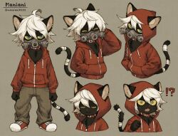 !? 1boy 1other ahoge animal_collar animal_ears artist_name black_fur blue_eyes body_fur cat_boy cat_ears cat_girl cat_tail closed_eyes collar colored_sclera cropped_torso ear_piercing earrings facing_viewer fang full_body furry furry_female furry_male gas_mask grey_background hair_between_eyes hand_in_pocket hands_in_pockets hood hood_up hoodie jewelry looking_at_viewer male_focus maniani mask multiple_expressions multiple_views open_mouth original pants piercing red_collar red_hoodie reference_sheet shoes short_hair simple_background standing sweatdrop tail upper_body white_fur white_hair yellow_eyes yellow_sclera