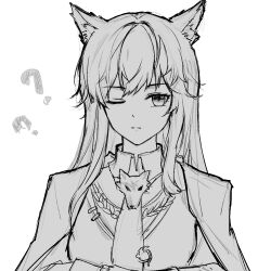 Rule 34 | 1girl, ?, ??, aiguillette, animal ear fluff, animal ears, arknights, brooch, cape, chinese commentary, closed mouth, collared shirt, commentary request, crossed arms, expressionless, eyelashes, greyscale, hair between eyes, jewelry, long sleeves, looking to the side, loose hair strand, meng qiao, monochrome, necktie, one eye closed, shirt, simple background, solo, texas (arknights), upper body, vest, white background, wolf, wolf ears, wolf girl