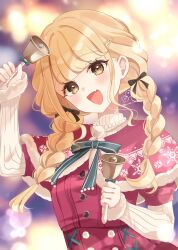 1girl :d arm_up bell black_bow blonde_hair blurry blurry_background blush bow braid brown_eyes capelet commentary_request depth_of_field fang fujita_kotone fur-trimmed_capelet fur-trimmed_sleeves fur_trim gakuen_idolmaster hair_bow hair_over_shoulder handbell highres holding holding_bell idolmaster layered_sleeves long_hair long_sleeves low_twintails open_mouth puffy_short_sleeves puffy_sleeves red_capelet red_shirt rino_cnc shirt short_over_long_sleeves short_sleeves sleeves_past_wrists smile solo twin_braids twintails twitter_username upper_body