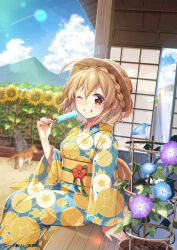 Rule 34 | 1girl, blonde hair, blue flower, blue kimono, blush, braid, brown hat, cat, cloud, commentary, commentary request, copyright notice, english commentary, feet out of frame, flower, flower request, food, grin, hana uta memoire, hat, hat flower, highres, holding, holding food, holding popsicle, ichinose kei, japanese clothes, kimono, long sleeves, looking at viewer, mixed-language commentary, obi, one eye closed, orange eyes, outdoors, popsicle, purple flower, sasaki ume, sash, short hair, sitting, smile, solo, sunflower, two-tone kimono, wide sleeves, yellow kimono