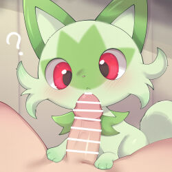 1boy 1girl :&lt; ? bar_censor bestiality cat censored closed_mouth commentary_request erection green_fur hetero highres nintendo paid_reward_available penis pokemon pokemon_(creature) pokephilia pov pov_crotch red_eyes samimitan sprigatito