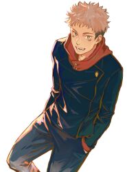 1boy black_hair black_jacket black_pants chinese_commentary commentary_request facial_mark fangs feet_out_of_frame hands_in_pocket hebi86070749 highres hood hood_down itadori_yuuji jacket jujutsu_kaisen layered_sleeves long_sleeves looking_at_viewer male_focus multicolored_hair open_mouth pants pink_hair red_hood sideburns simple_background solo teeth two-tone_hair white_background yellow_eyes
