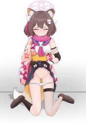 Rule 34 | 1girl, absurdres, animal ears, blue archive, blush, boots, breasts, brown hair, cat ears, censored, closed eyes, closed mouth, female focus, fox tail, highres, izuna (blue archive), japanese clothes, legs, lmc (pivix), panties, panties around leg, pussy, short hair, simple background, small breasts, solo, sweat, tail, trembling, underwear, white background, white panties