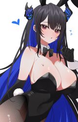 1girl absurdres animal_ears asymmetrical_horns bare_shoulders black_bow black_bowtie black_gloves black_hair black_leotard blue_hair bow bowtie breasts cleavage colored_inner_hair commentary covered_navel detached_collar elbow_gloves fake_animal_ears fake_tail fishnet_pantyhose fishnets flying_sweatdrops gloves hana20000920 hand_up heart highleg highleg_leotard highres hololive hololive_english horns large_breasts leotard long_hair mole mole_under_eye multicolored_hair nerissa_ravencroft open_mouth pantyhose playboy_bunny rabbit_ears rabbit_tail red_eyes sidelocks simple_background solo strapless strapless_leotard symbol-only_commentary tail uneven_horns very_long_hair virtual_youtuber white_background wrist_cuffs