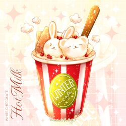 animal-themed_food artist_name bear chocolate chocomiruki commentary cup disposable_cup food_focus gradient_background grid_background light_particles milk no_humans orange_background original rabbit sparkle spoon steam yellow_background zoom_layer