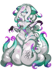 1girl absurdres arms_up black_hands breasts cleavage closed_mouth colored_extremities colored_skin completely_nude full_body highres horizontal_pupils large_breasts long_hair looking_at_viewer monster_girl multicolored_eyes multicolored_skin nude one_eye_covered original sora_sakura spots tentacle_girl tentacle_hair tentacles white_background white_skin