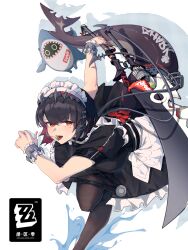 Rule 34 | 1girl, absurdres, bangboo (zenless zone zero), black dress, black hair, black pantyhose, candy, colored inner hair, dress, ellen joe, fins, fish tail, food, frilled wristband, hairband, hakusama233, highres, holding, holding scythe, lollipop, lollipop in mouth, maid, maid headdress, metal hairband, mole, mole under eye, multicolored hair, pantyhose, razor blade hair ornament, red eyes, scar, scar on tail, scythe, shark girl, shark tail, spiked headband, standing, standing on one leg, tail, zenless zone zero