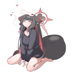 1girl :| animal_ears bare_legs black_hair black_shirt blue_archive blush breasts closed_eyes closed_mouth collarbone colored_inner_hair disembodied_hand fluffy fox_girl fox_tail hair_ribbon halo hand_on_another&#039;s_head happy headpat heart highres long_hair long_sleeves medium_breasts multicolored_hair red_halo red_ribbon ribbon shirt sitting sleepwear smsm516 tail v_arms wakamo_(blue_archive) wariza white_background