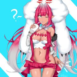 Rule 34 | 1girl, ?, baobhan sith (fate), baobhan sith (swimsuit pretender) (first ascension) (fate), blue background, breasts, cernunnos (fate), clothes pull, commentary, cup, detached collar, drinking, drinking straw, english commentary, fate/grand order, fate (series), fur-trimmed jacket, fur trim, grey eyes, hand up, highres, holding, holding cup, jacket, long hair, looking at viewer, low twintails, navel, one eye closed, pink hair, pink skirt, pointy ears, sidelocks, skirt, skirt pull, solo, tan, twintails, vemus 01, white jacket
