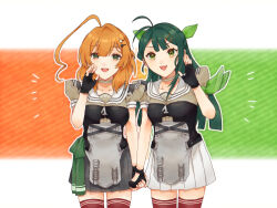 Rule 34 | 1girl, ahoge, antenna hair, apron, black gloves, choker, fingerless gloves, gloves, green eyes, green hair, grey choker, grey shirt, grey skirt, hair ribbon, highres, huge ahoge, kantai collection, kaya (kancolle), kura (pixiv107984909), long hair, orange hair, pleated skirt, red thighhighs, ribbon, sailor collar, sailor shirt, school uniform, serafuku, shirt, short hair, short sleeves, skirt, solo, sugi (kancolle), thighhighs, waving, white sailor collar, white skirt