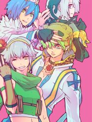 Rule 34 | 1girl, 3boys, animal, animal on head, arch bishop (ragnarok online), bad id, black choker, black gloves, black shirt, blue hair, brown gloves, cat, cat on head, choker, closed mouth, commentary request, crop top, cropped jacket, cross, cross choker, cross of prontera, fake antennae, fingerless gloves, fur collar, gloves, green eyes, green hair, green scarf, green shirt, grin, hair between eyes, hairband, jacket, lala (sputnik), long sleeves, looking at viewer, male focus, multiple boys, on head, open mouth, pink background, raccoon hat, ragnarok online, ranger (ragnarok online), scarf, shadow chaser (ragnarok online), shirt, short hair, simple background, smile, upper body, warlock (ragnarok online), white jacket, yellow hairband