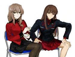 Rule 34 | 2girls, annoyed, asymmetrical hair, asymmetrical sidelocks, bare legs, black jacket, black pantyhose, black skirt, blunt bangs, breasts, brown eyes, brown hair, chair, cowboy shot, cup, dress shirt, epaulettes, feet out of frame, folding chair, frown, girls und panzer, hair between eyes, half-closed eyes, hands on own knees, holding, holding cup, holding saucer, insignia, jacket, kuromorimine military uniform, leaning forward, legs together, long hair, long sleeves, looking at viewer, mature female, medium breasts, military uniform, multiple girls, nishizumi shiho, pantyhose, pleated skirt, red jacket, red shirt, red skirt, saucer, shimada chiyo, shiroi uma, shirt, sidelocks, simple background, sitting, skirt, small breasts, smile, spread legs, st. gloriana&#039;s military uniform, teacup, white background, wing collar