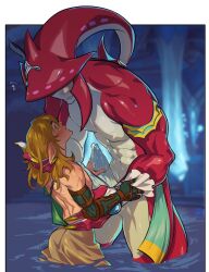 2boys abs archaic_set_(zelda) arm_behind_head blonde_hair blue_eyes blush body_markings cheating_(relationship) elf erection extra_penises fins fish_boy handjob head_back head_fins height_difference interspecies kukumomo large_pectorals link looking_at_another medium_hair monster_boy multiple_boys muscular muscular_male netorare nintendo nipples partially_submerged pectorals pointy_ears precum prosthesis prosthetic_arm shark_boy sidon size_difference standing tall_male the_legend_of_zelda the_legend_of_zelda:_tears_of_the_kingdom toga water yaoi zora