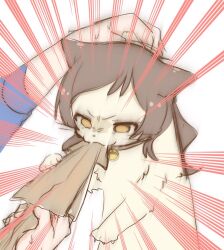 1other animal animal_focus animalization bell biting brown_hair cat emphasis_lines holding holding_animal hutaba idolmaster idolmaster_million_live! kitazawa_shiho long_hair neck_bell out_of_frame squid white_background