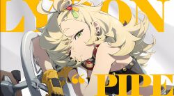 1girl absurdres bandaid bare_shoulders bicycle blonde_hair character_name closed_mouth ear_piercing earrings gloves green_eyes hair_ornament headphones headphones_around_neck highres incredibly_absurdres jewelry long_hair looking_at_viewer mindscape_cinema_(zenless_zone_zero) official_art one_eye_closed piercing piper_wheel solo stud_earrings upper_body yellow_gloves zenless_zone_zero