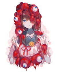 1girl absurdres ahoge badge blood blood_on_face blue_eyes blue_sailor_collar blush_stickers brown_hair closed_mouth commentary_request cropped_torso crying expo2025 eyeball hands_up highres medium_hair myaku-myaku neck_ribbon one_eye_covered original red_ribbon ribbon sailor_collar school_uniform serafuku shirt short_sleeves slit_pupils solo streaming_tears tears tower_of_the_sun umemaro_(siona0908) upper_body white_background white_shirt