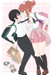 2girls :t ;p absurdres animal_charm bag black_hair black_necktie black_pants black_shoes black_socks blush border bow bowtie breasts brown_shoes character_charm character_doll charm_(object) clothes_grab commentary_request doll eye_contact full_body gradient_hair green_eyes green_hair gyaru gyarugasaki hair_ornament highres holding holding_bag jealous kneehighs knees_together_feet_apart kogal konoe_kanata koppehan kuripan_plushie loafers long_hair looking_at_another love_live! love_live!_nijigasaki_high_school_idol_club low_ponytail medium_breasts multicolored_hair multiple_girls nakasu_kasumi necktie neckwear_grab official_alternate_costume official_alternate_hairstyle one_eye_closed open_mouth orange_hair outside_border pants paper_bag pink_background pink_bag pink_bow pink_bowtie plaid_background plaid_bow plaid_bowtie plaid_clothes plaid_necktie plaid_pants plaid_skirt pom_pom_(clothes) pom_pom_hair_ornament ponytail pout sasuke_(love_live!) school_bag shoes short_sidetail side_ponytail skirt sleeves_rolled_up socks standing sweatdrop teruteru_kanata three-quarter_sleeves tongue tongue_out white_border yellow_eyes yuki_setsuna yuri