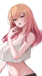 1girl absurdres bare_shoulders blush breasts camisole cleavage collarbone drooling gradient_hair groin hair_between_eyes hair_ornament hairclip highres hololive hololive_dev_is ichijou_ririka large_breasts long_hair looking_at_viewer mouth_drool multicolored_hair navel open_mouth orange_eyes orange_hair pink_hair saliva saliva_on_hand simple_background solo steelball_(jwk76806995) stomach teeth tongue tongue_out two-tone_hair upper_teeth_only virtual_youtuber white_background white_camisole