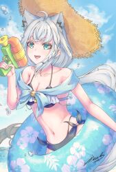 1girl ahoge animal_ear_fluff animal_ears aqua_eyes bare_shoulders bikini black_bikini blue_sky braid breasts cleavage cloud collarbone fox_ears fox_girl fox_tail hair_between_eyes hat highres holding holding_water_gun hololive long_hair medium_breasts navel open_mouth shirakami_fubuki side-tie_bikini_bottom side_braid sky smile solo stomach straw_hat swim_ring swimsuit tail virtual_youtuber water_gun white_hair yuikura