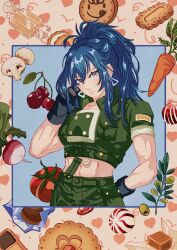 abs black_gloves blue_eyes blue_hair candy cherry closed_mouth cookie earrings food fruit gloves green_jacket green_shorts hackeo_soda hair_lift hand_in_own_hair heart holding holding_own_hair jacket jewelry leona_heidern military_uniform mushroom olive ponytail shorts suspenders the_king_of_fighters tomato triangle_earrings