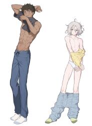 2boys abs bags_under_eyes black_eyes black_hair blue_eyes blush clothes_pull curly_hair dark-skinned_male dark_skin denim dungeon_meshi elf embarrassed full_body grey_hair highres holding holding_shirt holding_unworn_clothes jeans kabru lazy_eye looking_at_viewer male_focus male_underwear mchi125 mithrun multiple_boys multiple_scars navel nipples notched_ear pants pants_pull partially_undressed pointy_ears scar shirt short_hair simple_background socks standing sweatdrop toned toned_male underwear undressing uneven_eyes unworn_shirt white_background white_male_underwear