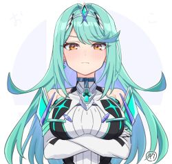1girl aqua_hair arms_under_breasts blush breasts closed_mouth core_crystal_(xenoblade) cosplay crossed_arms highres large_breasts long_hair mythra_(xenoblade) pneuma_(xenoblade) pneuma_(xenoblade)_(cosplay) solo ssb47810 swept_bangs tiara upper_body xenoblade_chronicles_(series) xenoblade_chronicles_2 yellow_eyes