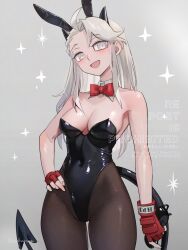 1girl :d absurdres alternate_costume animal_ears black_horns bow bowtie breasts brown_pantyhose cleavage demon_girl demon_tail detached_collar fake_animal_ears fingerless_gloves gloves grey_background grey_eyes grey_hair helltaker highres horns justice_(helltaker) leotard long_hair looking_at_viewer medium_breasts noah_(tettsui-sole) open_mouth pantyhose playboy_bunny rabbit_ears red_bow red_bowtie red_gloves smile solo sparkle tail twitter_username