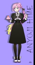 1girl ahoge alternate_costume anyoji_hime black_jacket black_pantyhose black_ribbon black_skirt blonde_hair blue_eyes blunt_sidelocks blush cake center_frills character_name closed_mouth commentary_request cropped_jacket drop_shadow food fork frilled_shirt frilled_shirt_collar frills fruit full_body hair_intakes hair_ribbon highres holding holding_fork holding_plate jacket juliet_sleeves link!_like!_love_live! long_hair long_sleeves looking_at_viewer love_live! medium_skirt multi-tied_hair multicolored_hair neck_ribbon pantyhose pink_hair plate puffy_sleeves purple_background renge_(042514) ribbon shirt shoes sidelocks simple_background skirt smile solo split_mouth standing strawberry strawberry_slice strawberry_swiss_roll swiss_roll two-tone_hair very_long_hair virtual_youtuber whipped_cream white_ribbon white_shirt white_shoes