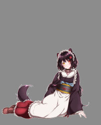 1girl :3 absurdres animal_ears animal_hair_ornament apron arm_support black_collar black_sash blush boots brown_boots brown_hair brown_kimono brown_tail clawed_boots closed_mouth collar commentary_request dog_ears dog_girl dog_tail flower frilled_apron frilled_skirt frills full_body grey_background hair_flower hair_ornament hair_over_shoulder heterochromia highres inui_toko inui_toko_(1st_costume) japanese_clothes kimono light_smile long_hair long_skirt long_sleeves looking_at_viewer low_twintails maid maid_headdress nijisanji obi obiage obijime outline red_eyes red_skirt sash shigure_(sigre) simple_background sitting skirt solo split_mouth tail twintails very_long_hair virtual_youtuber wa_maid waist_apron white_apron white_headdress white_outline yellow_eyes yokozuwari