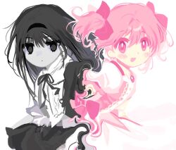 2girls akemi_homura black_hair black_hairband black_ribbon blush_stickers conjoined expressionless hair_between_eyes hairband happy highres jitome kaname_madoka kerimka31328031 long_hair looking_at_viewer magical_girl mahou_shoujo_madoka_magica multiple_girls multiple_monochrome open_mouth pink_eyes pink_hair ribbon short_twintails twintails
