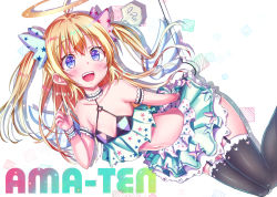 1girl :d absurdres antenna_hair aqua_skirt armband armpit_crease bad_id bad_pixiv_id bare_shoulders black_thighhighs blonde_hair blue_eyes blush breasts cleavage collar collarbone commentary_request crop_top female_focus frilled_collar frilled_cuffs frills garter_straps glint hair_ornament halo highres hook legs_up long_hair looking_at_viewer midriff miniskirt navel open_mouth original pleated_skirt shadow sidelocks simple_background skirt small_breasts smile solo star_(symbol) star_print stomach tareme tears teeth tenzeru thighhighs two_side_up upper_teeth_only white_background wings wrist_cuffs