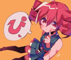 1girl ahoge blush_stickers boots commentary drill_hair from_above index_finger_raised kasane_teto kasane_teto_(utau) looking_at_viewer nail_polish pink_hair pleated_skirt red_eyes shirt skirt sleeveless sleeveless_shirt smile solo speech_bubble thigh_boots translated twin_drills utau wrist_cuffs yellow_background yuusuke-kun