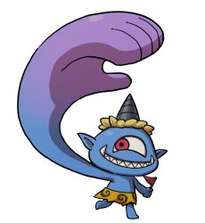 blue_skin colored_skin grin highres horns michibiki_(youkai_watch) official_art one-eyed pointy_ears red_eyes sharp_teeth simple_background single_horn smile solo teeth third-party_source white_background youkai_(youkai_watch) youkai_watch