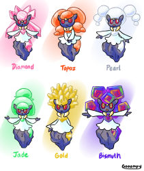 :o bismuth commentary creature diamond_(gemstone) diancie english_commentary english_text frown full_body gen_6_pokemon gold gooompy highres jade_(gemstone) legendary_pokemon mythical_pokemon nintendo no_humans outstretched_arms pokemon pokemon_(creature) serious simple_background spread_arms topaz_(gemstone) white_background