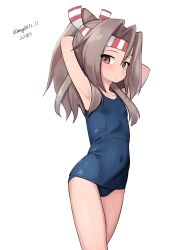 Rule 34 | 1girl, absurdres, arms behind head, blue one-piece swimsuit, brown eyes, covered navel, cowboy shot, dated, flat chest, grey hair, hachimaki, headband, highres, kantai collection, long hair, looking at viewer, maru (marg0613), old school swimsuit, one-hour drawing challenge, one-piece swimsuit, ponytail, school swimsuit, simple background, solo, striped headband, swimsuit, twitter username, white background, zuihou (kancolle)