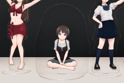 3girls acrylic_stand_(object) barefoot bikini black_hair breasts brown_hair commentary indian_style kneehighs large_breasts long_hair multiple_girls original sarong school_uniform short_hair shorts sitting socks swimsuit symbolism yajirushi_(chanoma)