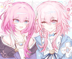 3girls 6897311494 ;) absurdres animal animal_on_head bare_shoulders blue_coat blue_eyes breasts chimera_(honkai:_star_rail) chinese_commentary coat commentary_request cyrene_(honkai:_star_rail) dress hair_ornament highres honkai:_star_rail honkai_(series) jewelry march_7th_(honkai:_star_rail) medium_hair mem_(honkai:_star_rail) multicolored_eyes multicolored_hair multiple_girls necklace on_head one_eye_closed open_mouth pink_hair purple_coat small_breasts smile two-tone_eyes two-tone_hair upper_body white_dress white_hair