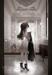 1girl absurdres artist_name bathtub black_choker black_shoes blue_eyes brown_hair choker drawer dress expressionless flower frilled_hairband frills from_side full_body hairband high_heels highres holding holding_unworn_clothes indoors light_bulb looking_ahead misumigumi original pillarboxed see-through_clothes see-through_dress shoes sink standing strap_slip twitter_username vase window