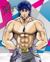 1boy abs anime_coloring arms_behind_back belt belt_buckle birthmark blue_belt blue_eyes blue_hair boots brown_boots buckle choker commentary denim full_body genda_art grey_pants highres jeans jewelry joestar_birthmark jojo_no_kimyou_na_bouken jonathan_joestar logo looking_at_viewer male_focus manly messy_hair muscular muscular_male necklace official_style pants pectorals phantom_blood purple_belt purple_choker shadow solo stone_mask_(jojo) topless_male triangle_print