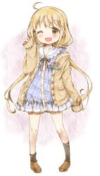Rule 34 | 1girl, ;d, ahoge, bare legs, black gloves, blonde hair, blue dress, blush, cardigan, dress, full body, futaba anzu, gloves, hand up, highres, idolmaster, idolmaster cinderella girls, idolmaster cinderella girls starlight stage, long hair, long sleeves, looking at viewer, michii yuuki, one eye closed, open mouth, plaid clothes, plaid dress, sleeves past wrists, smile, solo, twintails, very long hair, yellow cardigan