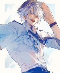 1boy :d absurdres antenna_hair belt black_belt black_necktie blue_eyes border collared_shirt commentary ggtnnk hair_over_one_eye highres honkai:_star_rail honkai_(series) looking_at_viewer male_focus necktie official_alternate_costume open_mouth outside_border parted_bangs phainon_(honkai:_star_rail) pilot shirt short_hair smile solo sunglasses symbol-only_commentary upper_body white_border white_hair white_shirt