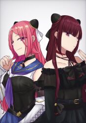 2girls arm_at_side arm_belt assault_lily belt belt_buckle black_belt black_bow black_choker black_dress black_ribbon black_shirt blue_sailor_collar blue_skirt bow braid breasts buckle choker closed_mouth collarbone commentary cross-laced_clothes cross-laced_sleeves detached_sleeves dress dress_bow earrings gozen_(assault_lily) gradient_background green_eyes grey_background hair_bow hairpods half_up_braid hand_up heterochromia jewelry kuji-in layered_sleeves long_hair long_sleeves looking_at_viewer looking_to_the_side medium_breasts multiple_girls neck_ribbon neckerchief nigari_(ngari_0115) o-ring o-ring_choker odaiba_girls_high_school_uniform off-shoulder_dress off_shoulder parted_bangs pink_eyes pleated_skirt purple_neckerchief red_choker red_eyes red_hair ribbon sailor_collar school_uniform see-through_clothes see-through_sleeves serafuku shiba_tomoshibi shirt short_sleeves side-by-side sidelocks sideways_glance skirt sleeveless sleeveless_shirt sleeves_past_wrists smirk standing two-tone_shirt upper_body white_shirt