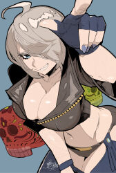 1girl angel_(kof) backless_pants blue_eyes breasts chaps cleavage crop_top cropped_jacket fingerless_gloves gloves grin hair_over_one_eye highres index_finger_raised jacket large_breasts leather leather_jacket looking_at_viewer midriff navel panties pants sharp_teeth short_hair simple_background smile snk solo teeth the_king_of_fighters underwear white_background white_hair