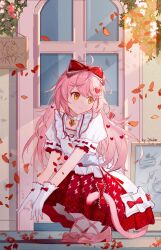 1girl absurdres arknights bow chinese_commentary closed_mouth commentary door falling_leaves frilled_bow frills full_body gloves goldenglow_(arknights) goldenglow_(party_in_the_garden)_(arknights) hair_bow hair_ornament heart heart_hair_ornament highres itsuka_(pixiv90988220) leaf light_smile looking_back official_alternate_costume pink_shoes pink_tail plaid_bow puffy_short_sleeves puffy_sleeves red_bow red_skirt shirt shoes short_sleeves skirt solo squatting tail tail_bow tail_ornament white_gloves white_shirt wind yellow_eyes