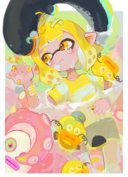 1girl agent_4_(splatoon) animal bandaid bandaid_on_arm black_shorts blonde_hair closed_mouth crying eel highres inkling inkling_girl inkling_player_character kumo_(kumo_hsc0216) nintendo octarian_(enemy) octotrooper orange_eyes partially_submerged pointy_ears shirt short_hair shorts splatoon_(series) splatoon_2 stuffed_animal stuffed_toy tears tentacle_hair tentacles water yellow_shirt zapfish