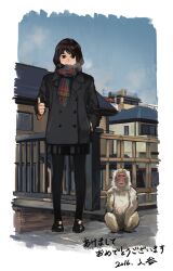 Rule 34 | 1girl, animal, balcony, black coat, black pantyhose, black skirt, blue sky, buttons, city, coat, covered mouth, dated, double-breasted, highres, illya1030, japanese macaque, monkey, original, outdoors, pantyhose, plaid clothes, plaid scarf, scarf, sitting, skirt, sky, standing, thumbs up
