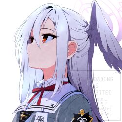1girl badge blue_archive button_badge commentary_request expressionless furisuku_(gerbera) grey_jacket hair_between_eyes half_updo head_wings highres jacket long_hair long_sleeves looking_up neck_ribbon portrait red_eyes red_ribbon ribbon simple_background single_hair_intake single_head_wing solo suzumi_(blue_archive) three_quarter_view trinity_general_school_logo very_long_hair watermark white_background white_hair wings